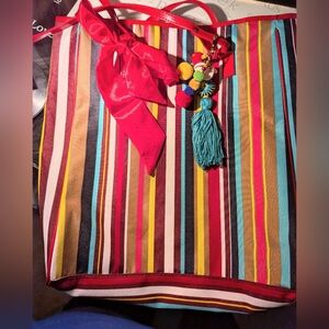 Lancome Vibrant Striped Tote with Red and Blue Accents